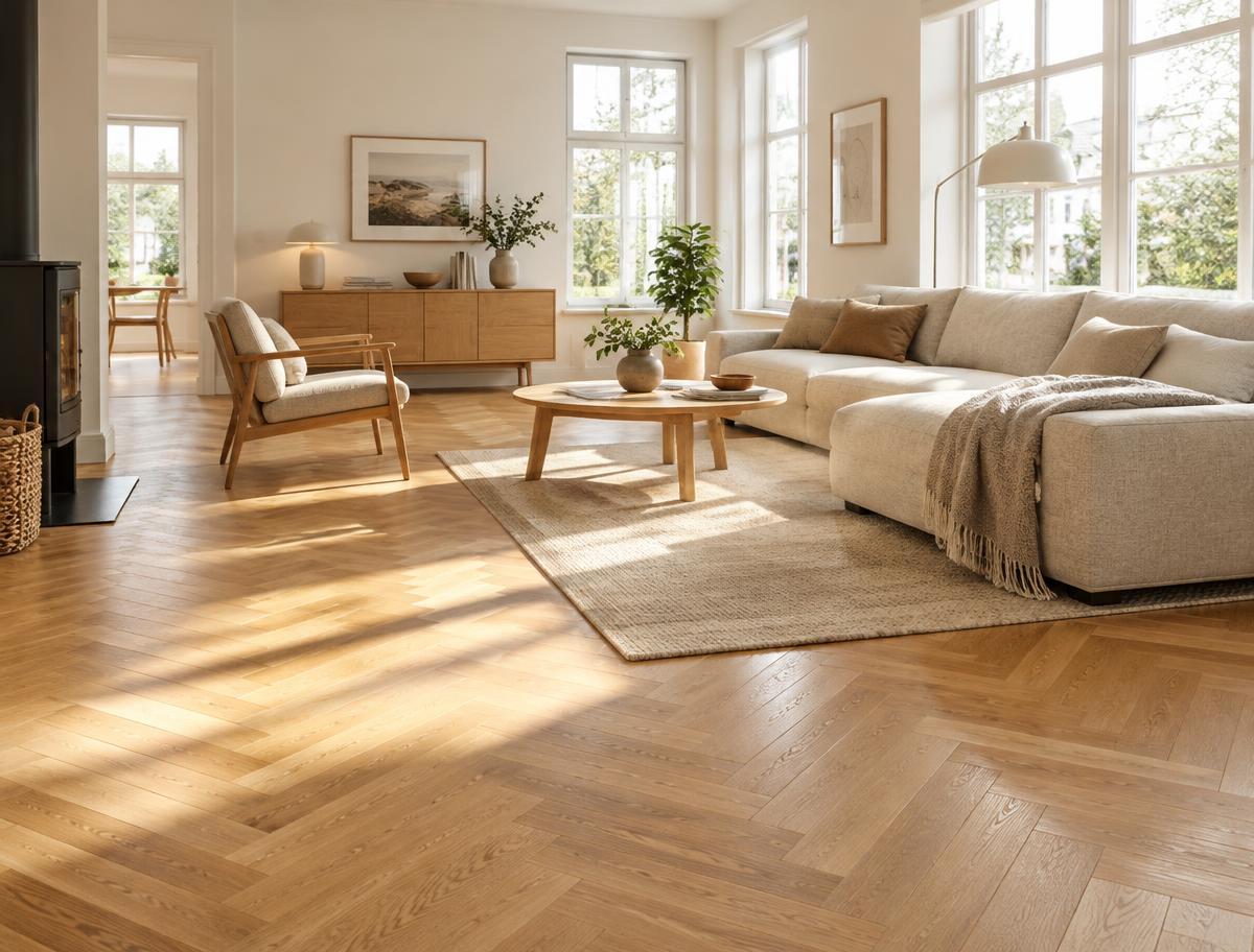 Jodełka dębowa Wood & Taste w jasnym, słonecznym salonie